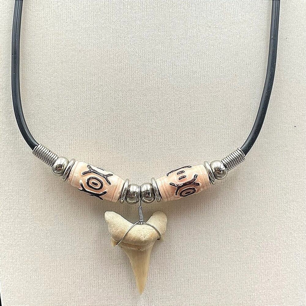 Surfer Style Black Silver-Tone Bone Beads Natural Shark Tooth Pendant Necklace